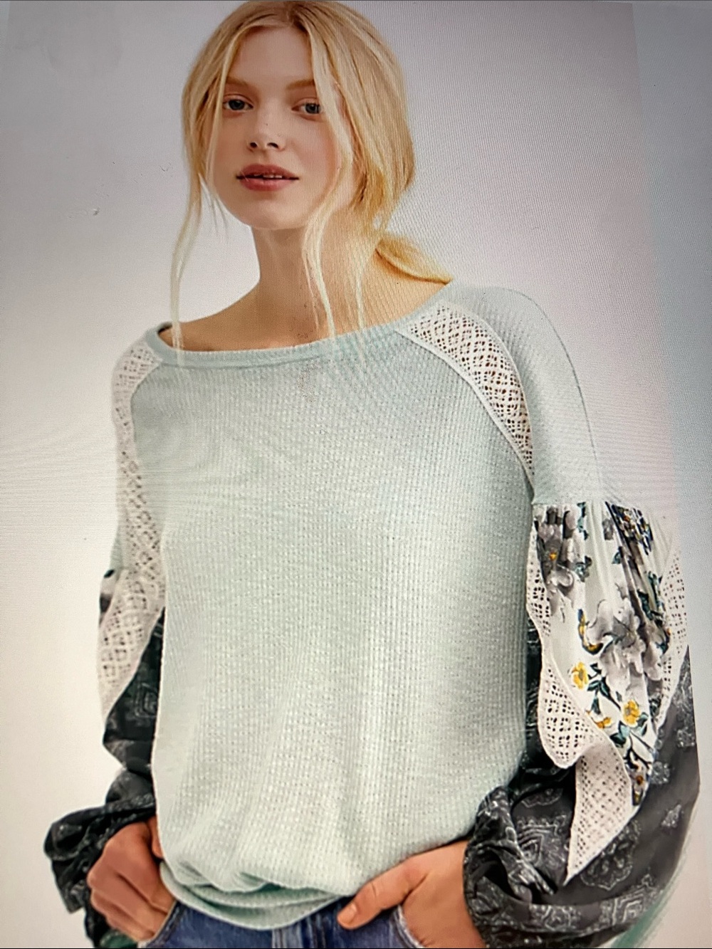 Free People Mint Pullover with Cream Lace & Floral Sleeves